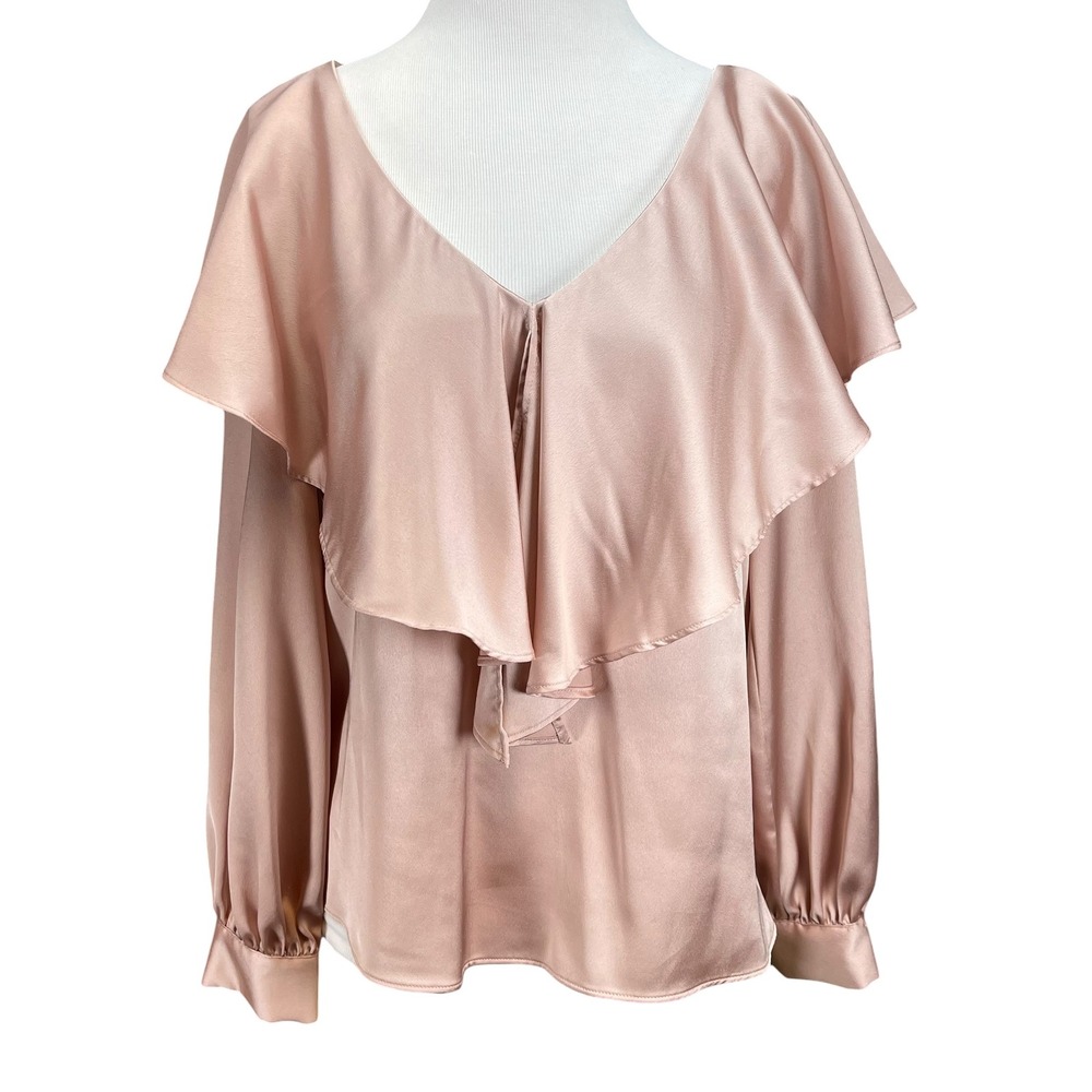 Zaraβ Rose Gold Satin Ruffle Cape Blouse V-Neck Long Sleeve Top Small